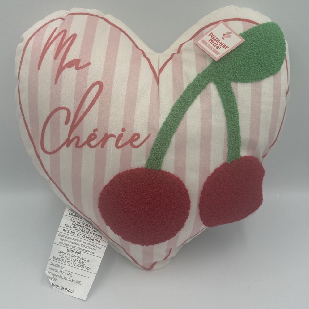 Ma Cherie Textured Cherries & Heart Shaped Pink & White Accent Pillow 14" x‎ 14"